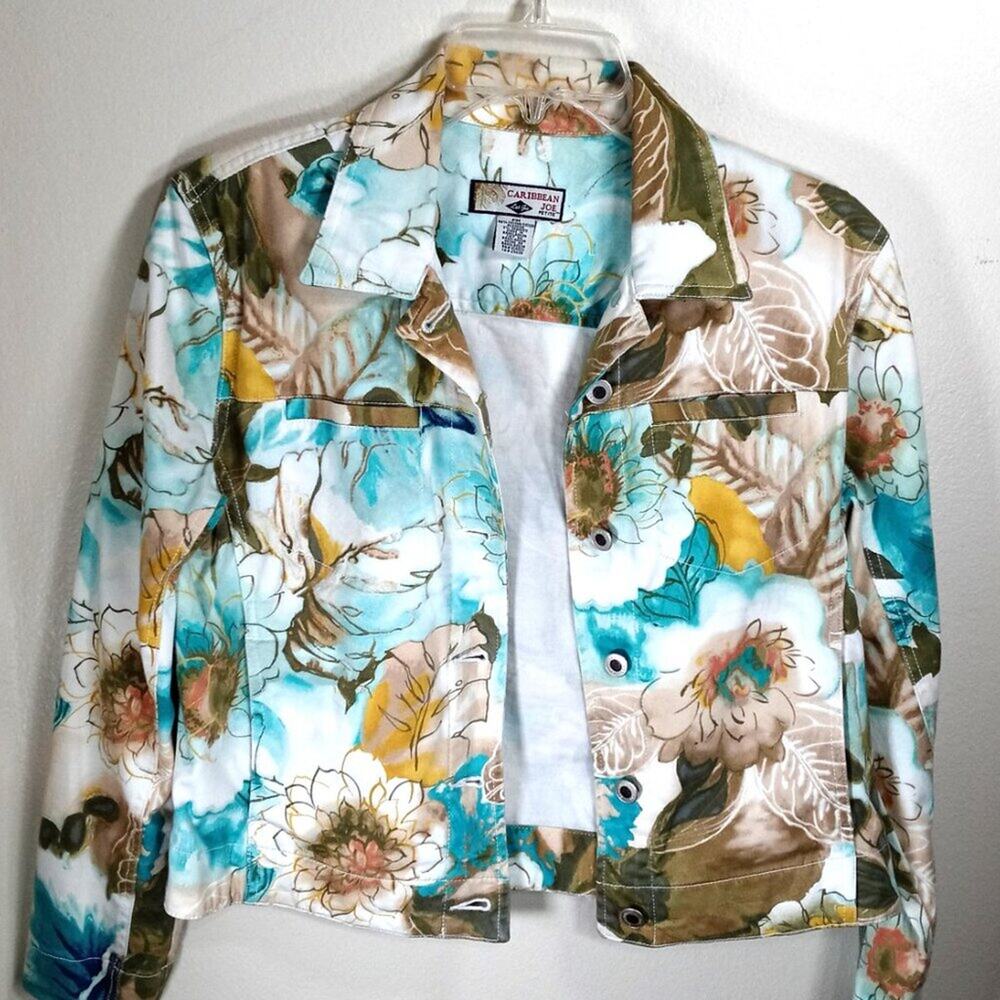 Caribbean Joe Floral Jacket Multicolor Collared Button Front Petite Medium